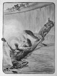  1920 20th_century 3:4 ambiguous_gender ancient_furry_art anthro arena audience biped blood blood_on_ground bodily_fluids canid canine canis duel duo_focus dust feral fox greyscale group hi_res joseph_jacinto_mora leg_grab lying male mammal monochrome nude on_back open_mouth outside public_domain reynard_the_fox shaved signature standing text traditional_media_(artwork) wolf ysengrin 