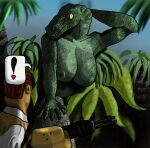  &lt;3 anthro big_breasts breasts comic_panel dinosaur dromaeosaurid duo felixspeagel female flashing green_body green_scales human jungle jurassic_park mammal reptile scales scalie theropod universal_studios velociraptor weapon yellow_sclera 