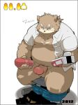  2012 anthro belly big_dick_day blush brown_body brown_fur clothed clothing fur japanese_text kemono kisukemk777 male mammal moobs nipples open_clothing open_shirt open_topwear overweight overweight_male sex_toy shirt sitting text topwear translated underwear ursid 