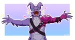  &lt;3 5_fingers anthro blue_eyes blush blush_lines claws digital_media_(artwork) dragon epic_games finger_claws fingers fortnite hybrid_(fortnite) male nyanpizza open_mouth open_smile purple_body purple_scales ranged_weapon scales sharp_teeth shuriken simple_background smile solo teeth tongue video_games weapon wingless_dragon yelling 