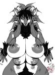  2021 anthro areola big_breasts breasts canid canine cross_pupils digital_media_(artwork) female greyscale hi_res horn jijis-waifus looking_at_viewer mammal monochrome multi_breast nipples pupils simple_background solo symbol-shaped_pupils unusual_pupils white_background 