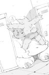  2015 anthro blush butt canid canine canis clothing domestic_dog duo humanoid_hands japanese_text kemono locker_room male male/male mammal meg_hoi monochrome obese obese_male overweight overweight_male sitting size_difference text underwear 