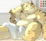  2012 anthro bed bedding bedroom belly blanket blush bulge clothed clothing erection erection_under_clothing felid furniture inside kemono kisukemk777 male mammal moobs morning_wood navel overweight overweight_male pantherine sitting solo tiger tongue tongue_out 