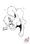  2021 anthro ass_up big_breasts breasts butt canid canine canis digital_media_(artwork) digitigrade domestic_dog english_text facial_piercing female hi_res jack-o&#039;_pose jijis-waifus mammal monochrome nose_piercing nose_ring paws piercing pose simple_background solo text white_background 