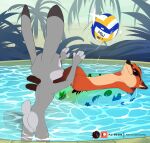  4_fingers absurd_res anthro breasts canid canine casual_nudity day detailed_background disney eyebrows eyelashes female fingers fox hi_res judy_hopps lagomorph leporid mammal nertonw nick_wilde nude outside partially_submerged purple_eyes rabbit smile water zootopia 