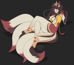  2021 anthro breasts canid canine clothed clothing digital_media_(artwork) eyebrows eyelashes female fox fur hair horn hybrid kittydee looking_at_viewer mammal multi_tail smile 