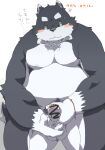  2016 anthro balls belly black_body black_fur blush bodily_fluids canid canine canis censored cum cum_on_hand domestic_dog erection fur genital_fluids genitals hi_res humanoid_genitalia humanoid_hands humanoid_penis japanese_text kemono kisukemk777 male mammal moobs nipples overweight overweight_male penis simple_background solo text white_background white_body white_fur 