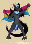  &lt;3 absurd_res anthro balls black_body black_fur blue_eyes blue_hair blue_penis blue_tongue bodily_fluids dragon flag flower fur furred_dragon genital_fluids genitals hair hi_res holding_flag holding_object kuno_the_dragon lgbt_pride lonelycharart male nude pansexual_pride_colors penis plant precum pride_color_accessory pride_colors solo standing tongue wings 