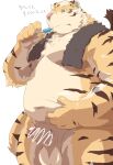  2016 anthro balls belly erection felid genitals hi_res humanoid_genitalia humanoid_hands humanoid_penis japanese_text kemono kisukemk777 male mammal moobs overweight overweight_male pantherine penis simple_background solo text tiger towel towel_around_neck white_background 