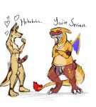  &lt;3 2012 anklet_(marking) annoyed anthro anthro_on_anthro balls bottomless bottomless_anthro bottomless_male brown_body brown_fur brown_nose canid canine canis charizard cheek_tuft chin_tuft claws clothed clothing colored_sketch cosplay costume covertcanine coyote crocodile crocodilian crocodylid crossed_arms dialogue digitigrade duo english_text erection eye_contact facial_tuft flaccid fur furgonomics genital_markings genitals grizz_(croc) hi_res humanoid_genitalia humanoid_penis hybrid_genitalia hybrid_penis imminent_sex kale_(covertcanine) knot knotted_humanoid_penis looking_at_another male male/male mammal markings multicolored_body multicolored_fur multicolored_scales nintendo non-mammal_balls nude penis penis_markings plantigrade pok&eacute;mon pok&eacute;mon_(species) pubes red_body red_scales reptile roleplay scale_markings scales scalie side_view simple_background sketch smile standing striped_ears tan_body tan_fur text tuft two_tone_body two_tone_fur two_tone_scales video_games white_background white_body white_scales 