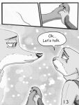  anthro bodily_fluids canid canine clothed clothing comic dialogue disney duo english_text female fox fur greyscale hand_holding hi_res judy_hopps lagomorph leporid male male/female mammal monochrome nick_wilde rabbit tears text the_gory_saint zootopia 