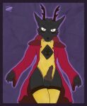  anthro antlers balls bekymre black_body black_fur border cervid cloak clothed clothing digital_media_(artwork) erection fangs fur genitals horn knot legwear looking_at_viewer male mammal markings multicolored_body multicolored_fur penis purple_border simple_background solo stockings two_tone_body two_tone_fur wiener-fag 