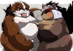  2021 anthro balls belly blush bodily_fluids brown_body brown_fur brown_nose butt canid canine canis clothing domestic_dog fur genitals group hi_res humanoid_hands kemono male male/male mammal momochi_sandayuu moobs nipples overweight overweight_male raccoon_dog sengoku_puzzle shimazu_yoshihisa sweat tanuki tongue tongue_out underwear white_body white_fur yamatoji201 