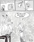  anthro canid canine cellphone clothed clothing comic convenient_censorship dialogue dipstick_ears disney duo ears_down ears_up english_text female fox fur greyscale hi_res judy_hopps lagomorph leporid male male/female mammal monochrome multicolored_ears navel nick_wilde open_mouth phone pivoted_ears police_uniform rabbit sitting speech_bubble text the_gory_saint tuft uniform zootopia 