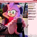  1:1 3d_(artwork) absurd_res amy_rose anthro bedroom_eyes blender_(software) chair chat clothed clothing computer desk detailed_background digital_media_(artwork) english_text feet female first_person_view floppy_ears focus_(disambiguation) foot_fetish foot_focus furniture hair hands_behind_head hevexy hi_res inside keyboard looking_at_viewer mammal microphone narrowed_eyes open_mouth pink_hair plantigrade seductive sega sitting soles solo sonic_the_hedgehog_(series) streaming text toes 
