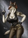  2021 3:4 anthro belt big_breasts breasts canid canine canis cleavage clothed clothing female fingerless_gloves gloves gun hand_on_hip handgun handwear hi_res holding_gun holding_handgun holding_object holding_weapon jericho_941 looking_at_viewer mammal ranged_weapon ryu_yomori shirt solo tank_top topwear weapon wolf yellow_eyes 