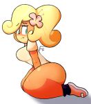  accessory activision anthro bandicoot blonde_hair blush bottomless clothed clothing coco_bandicoot crash_bandicoot_(series) embarrassed female flashfigure flower flower_in_hair frown hair hair_accessory hi_res kneeling mammal marsupial plant solo thick_thighs video_games 