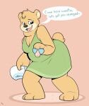  anthro blush cuddlehooves dialogue diaper feet female hi_res holding_object mammal open_mouth pacifier smile solo speech_bubble teeth text ursid 