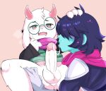  absurd_res after_oral after_orgasm anthro balls blue_body blue_hair blue_skin bodily_fluids bottomless bovid caprine clothed clothing cum cum_in_mouth cum_inside deltarune duo erection eyewear fur genital_fluids genitals glasses goat hair hi_res horn human kris_(deltarune) male male/male mammal oral penis perineum ralsei sex undertale_(series) video_games white_body white_fur zsloth 