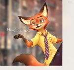  2021 anthro blurred_background bottomwear canid canine clothed clothing dipstick_ears disney english_text fox fully_clothed gloves_(marking) hi_res male mammal markings multicolored_ears necktie nick_wilde nightfury2020 open_mouth open_smile pants red_fox shirt smile solo text topwear zootopia 
