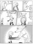  anthro bodily_fluids canid canine clothed clothing comic crying dialogue disney duo english_text female fox fur greyscale hi_res judy_hopps lagomorph leporid male mammal monochrome nick_wilde police_uniform rabbit scut_tail short_tail tears text the_gory_saint uniform zootopia 