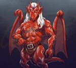  abs balls biceps body_hair bottomwear brooklyn_(gargoyles) chest_hair chest_tuft clothing disney flaccid flashing foreskin gargoyle gargoyles genitals hair hi_res humanoid_genitalia humanoid_penis loincloth long_hair looking_at_viewer male membrane_(anatomy) membranous_wings navel penis red_body scalie solo tuft white_hair wings zeiroslion 