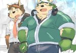  2021 anthro ayame42612 bandanna belly brown_body brown_fur canid canine canis dog_operator domestic_dog duo fur green_body green_fur headphones headphones_around_neck kemono kerchief lifewonders live-a-hero male mammal mokdai necktie obese obese_anthro obese_male overweight overweight_anthro overweight_male protagonist_(live-a-hero) syoubu426 video_games 
