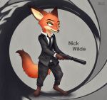  2021 anthro barefoot brown_body brown_fur canid canine clothed clothing disney feet fox fully_clothed fur gun head_tuft holding_gun holding_object holding_weapon male mammal nick_wilde nightfury2020 orange_body orange_fur ranged_weapon red_fox silencer solo standing tuft weapon zootopia 