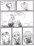  anthro bodily_fluids canid canine clothed clothing comic crying dialogue dipstick_ears disney duo english_text female fox furniture greyscale hi_res judy_hopps lagomorph leporid male mammal monochrome multicolored_ears nick_wilde police_uniform rabbit scut_tail short_tail tears text the_gory_saint uniform zootopia 