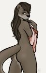  anthro black_nose butt clothing color_edit colored edit fairdahlia female hair hi_res long_hair long_tail lutrine mammal mustelid nat_(mykegreywolf) nude nude_edit rear_view shirt_up simple_background smile solo tasteful thick_tail undressing 