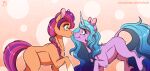  blue_hair blush braided_hair braided_ponytail duo equid equine face_to_face female hair hasbro hi_res horn horse inuhoshi-to-darkpen izzy_moonbow_(mlp) mammal mlp_g5 my_little_pony pony purple_hair sunny_starscout_(mlp) unicorn 