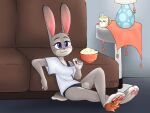  3_toes 4:3 animal_humanoid anthro blush bowl bra breasts canid canine clothed clothing container crossed_legs cup detailed_background digital_media_(artwork) disney donnadoll18 duo feet female fingers food foot_fetish fox fur furniture grey_body grey_fur hi_res humanoid judy_hopps lagomorph lamp leporid male male/female mammal mammal_humanoid micro nick_wilde panties pawpads paws popcorn purple_eyes rabbit red_fox shirt size_difference sofa toes topwear underwear zootopia 
