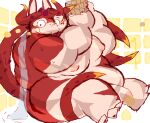  2021 anthro bathing belly blush cthugha_(tas) genitals kemono lifewonders male moobs nipples overweight overweight_male penis red_body sitting solo tanukizanpika tokyo_afterschool_summoners video_games wet 