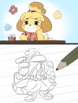  2021 2koma 3:4 ambiguous_gender animal_crossing anthro armor big_butt black_eyes black_nose blonde_hair blue_background broly_culo brown_body brown_fur brown_hair butt canid canine canis clothing comic crouching domestic_dog doom_(series) doom_guy drawing female flower fur glass hair happy headgear helmet hi_res holding_object holding_pencil humanoid humor id_software isabelle_(animal_crossing) looking_down mammal meme motion_lines mr-shin nintendo pencil_(object) pink_clothing pink_shirt pink_topwear plant pose pupils rear_view shih_tzu shirt simple_background sketch smile solo tail_motion tailwag thick_thighs topwear toy_dog twerking video_games white_body white_fur white_pupils yellow_body yellow_fur 