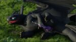  16:9 claws dragon dreamworks feral genitals grass hi_res how_to_train_your_dragon lying male night_fury on_back penis plant presenting scalie smile solo toothless unknown_artist western_dragon widescreen 
