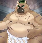  2021 absurd_res anthro belly black_nose blush brown_body brown_fur canid canine canis cute_fangs domestic_dog fur hi_res humanoid_hands kemono lifewonders male mammal moobs nipples overweight overweight_male scar solo sumo tokyo_afterschool_summoners video_games yasuyori zuboboz 
