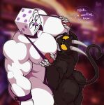  big_muscles big_pecs black_body black_fur bobthetanuki butt cuphead_(game) demon demon_humanoid dice duo english_text facial_hair for_a_head fur hi_res horn humanoid humanoid_pointy_ears king_dice male male/male mankini muscular muscular_humanoid muscular_male mustache nipple_fetish nipple_play object_head pecs text the_devil_(cuphead) video_games white_body yellow_sclera 