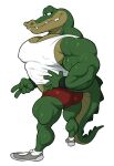  alligator alligatorid analon_(artist) animalympics anthro big_arms big_butt big_pecs bolt_jenkins butt clothing crocodilian gesture green_body hi_res looking_at_viewer looking_back looking_back_at_viewer male muscular muscular_male pecs reptile running_shoes scalie shirt simple_background solo speedo swimwear tank_top thick_thighs topwear v_sign white_background wide_shoulders 