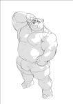  2021 animal_crossing anthro balls_outline belly bottomwear bulge clothing detailed_bulge genital_outline humanoid_hands male mammal mixvariety musclegut nintendo nipples overweight overweight_male shorts simple_background sketch solo teddy_(animal_crossing) ursid video_games white_background 