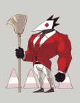  absurd_res anthro avian bottomwear broom bulge cleaning_tool clothed clothing deltarune digital_drawing_(artwork) digital_media_(artwork) gloves handwear hi_res k0bit0wani male muscular pants red_eyes red_suit solo standing suit_and_tie swatchling undertale_(series) video_games white_bottomwear white_clothing white_pants 