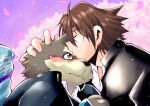  anthro blush brown_hair canid canine canis clothing cuddling domestic_dog duo embrace hair hug human human_on_anthro interspecies kissing lifewonders male male/male mammal moritaka protagonist_(tas) school_uniform tokyo_afterschool_summoners tomoya_(artist) twink_protagonist_(tas) uniform video_games 