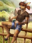  5_fingers andromorph anthro brown_hair cervid clothed clothing day detailed_background dustydeer eleacat fingers genitals grass hair hi_res hooves intersex mammal nonbinary_(lore) outside plant pussy smile solo 