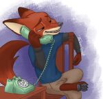  anthro black_nose black_pawpads canid canine chair dipstick_ears dipstick_tail disney fox fur furniture male mammal markings multicolored_ears multicolored_tail nick_wilde open_mouth orange_body orange_fur pawpads phone rotary_phone sitting solo tail_markings the_gory_saint zootopia 