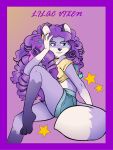  anthro bottomwear breasts canid canine clothing dipstick_tail female fox fur germainethevixen gloves_(marking) hair hi_res leg_markings lilac_vixen mammal markings midriff multicolored_tail purple_body purple_fur purple_hair shorts socks_(marking) solo tail_markings 