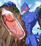  absurd_res anthro avian big_penis bird blue_body bodily_fluids electrostimulation erection falco_lombardi genital_fluids genitals hi_res humanoid_genitalia humanoid_penis internal macro male mammal mountain nintendo penetration penile penis penis_milking precum ryeono_kemo star_fox tunnel video_games worship 