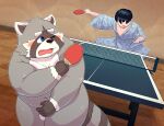  2021 anthro asian_clothing balls belly blue_eyes blush clothing detailed_background duo east_asian_clothing fur genitals grey_body grey_fur hi_res human humanoid_hands japanese_clothing k_gutless kemono male mammal navel overweight overweight_male ping_pong procyonid raccoon table_tennis table_tennis_paddle 