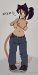  absurd_res anthro bottomwear breasts choker clothing denim denim_clothing domestic_cat exposed_breasts felid feline felis female fishnet fishnet_topwear fitletter fitletter_(character) frown hi_res jeans jewelry mammal necklace pants simple_background small_breasts solo 