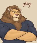  anthro biceps big_biceps chassty crossed_arms father felid haley hi_res lion male mammal mane mature_male muscular pantherine parent pecs scar simple_background solo 