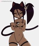  absurd_res anthro choker clothing colored_nails domestic_cat eyes_closed felid feline felis female fitletter fitletter_(character) grin hair hi_res jewelry mammal nails navel navel_piercing necklace piercing purple_hair simple_background smile solo thong topwear tube_top underwear 