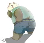  2014 anthro barefoot biped blush bottomwear butt clothing feet fur giant_panda hi_res kemono male mammal overweight overweight_male shadow shirt shorts simple_background solo standing topwear uokkom ursid white_background white_body white_fur 